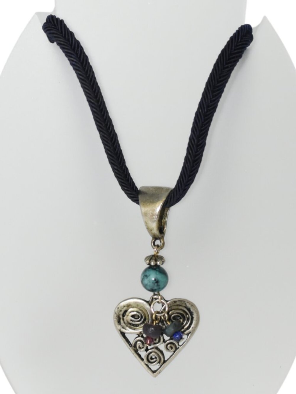 Vintage Necklace with dark blue flat rope, heart pendant, acrylic & wood beads